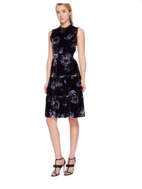 kate spade navy velour Midi Dress with Gray Floral Pattern